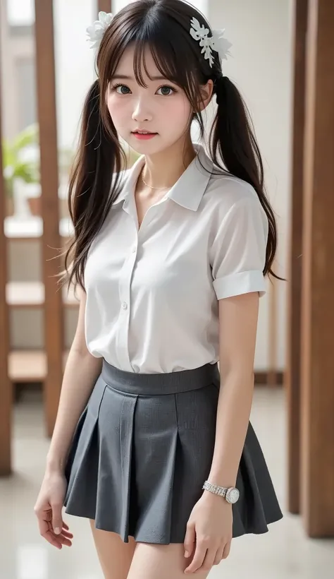 sexy 여성, classroom background, big , white shirt, gray skirt, Korean, full body, long legs, sexy, skirt, 조금 big , 매우 big ,  school uniform , 더 big , Sensually, rich , sexy 자세,  lean forward, SLIM YOUR ARMS, big  on the floor, 더 big , 더 big ,  cute ass ,  [...