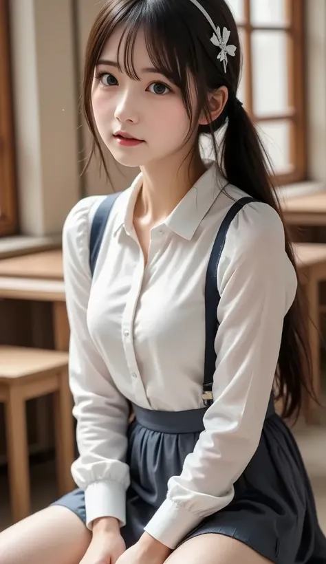 sexy 여성, classroom background, big , white shirt, gray skirt, Korean, full body, long legs, sexy, skirt, 조금 big , 매우 big ,  school uniform , 더 big , Sensually, rich , sexy 자세,  lean forward, SLIM YOUR ARMS, big  on the floor, 더 big , 더 big ,  cute ass ,  [...