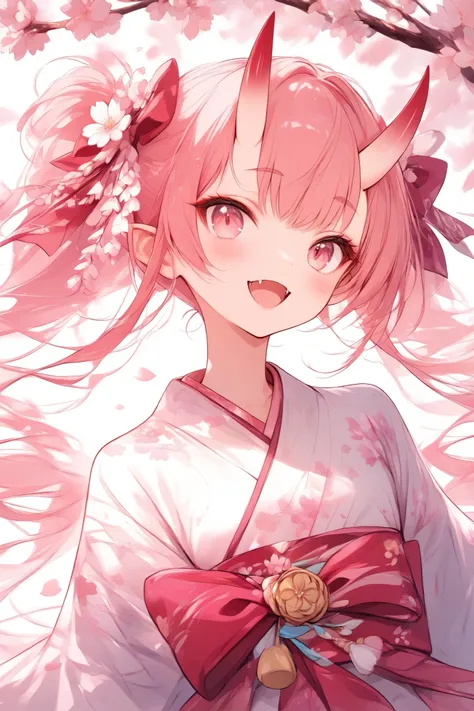 (masterpiece:1.2),high quality of wavy lines、very breathtaking、beautiful details、best image quality、((Three-dimensional works))、 cherry blossoms dance、tsurime ,Oni's girl、Beautiful yukata、Japanese oni、cute and enchanting、Japanese-style illustrations、Oni ho...
