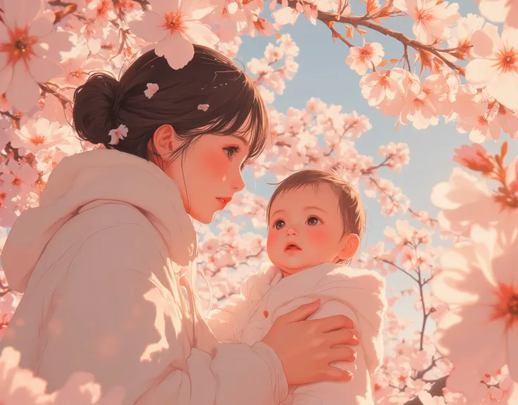 "A young mother with short dark hair and bright eyes is dressed in a spring outfit, cradling a baby in her arms. The baby is excited and full of energy as he gazes upon the cherry blossoms in full bloom. The scene is set outdoors in spring, with pink cherr...