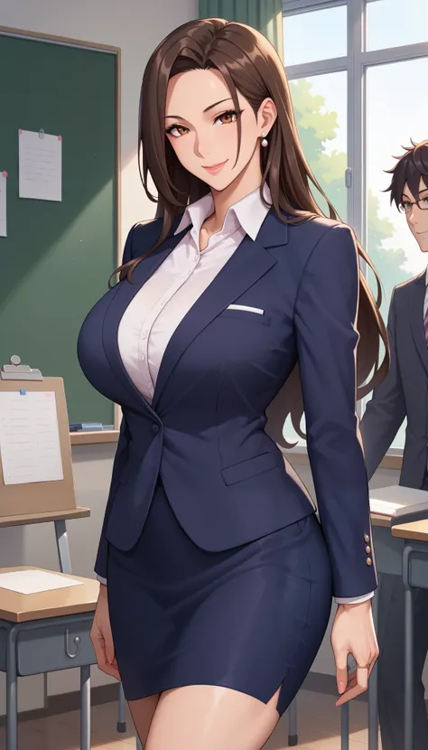 mature women, Takagi Hiroko , art teacher , beautiful, kind, elegant, High school teacher style , long hair, brown or dark hair , glass, Warm smile, professional atmosphere, artistic atmosphere, standing on an easel , High school campuses, sunny classro...