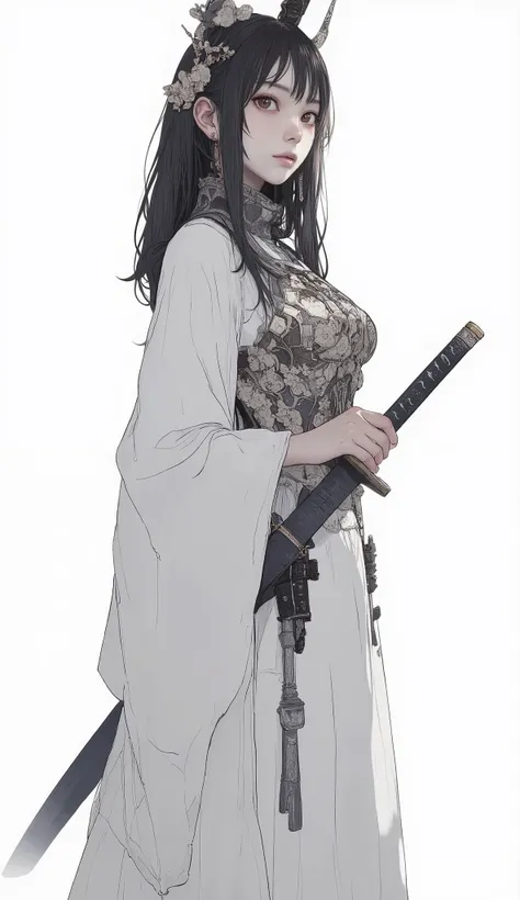 A beautiful Japanese woman designed like the Japanese Princess Knight's armor dress from a fantasy game、profile、A beautiful Japanese woman with a Japanese sword on her lower back、White silver coloring、ceremonial equipment with detailed decorations、white ba...