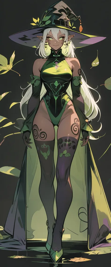 n1n1_v1, w1w1_v1, 1girl, hat, solo, long hair, witch hat, gloves, detached sleeves, breasts, full body, pointy ears, very long hair, dark skin, looking at viewer, black background, leotard, black gloves, white hair, leaf, black headwear, standing, thighhig...
