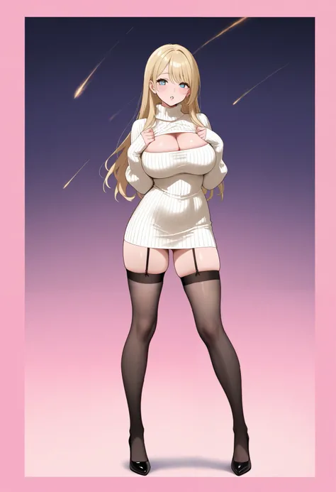  beauty　sexy　glamour　Sexy pose　lure　disgusting expression　narrows his eyes　full body　ripping stockings 　knees in the sky　knitted dress