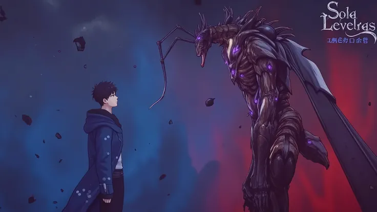A highly detailed, cinematic dark fantasy banner featuring Sung Jin-Woo, a young male warrior with black hair and a dark hoodie, standing on the left side with his powerful Shadow Army behind him. The Shadow Soldiers are ghostly, humanoid warriors with glo...