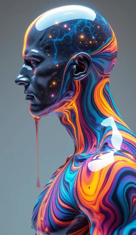 Create a surreal, hyperrealistic portrait of a muscular man whose entire form is composed of a luminous, iridescent liquid that resembles molten glass or flowing paint. His bald, hairless face is smooth and reflective, with light refracting through his ski...