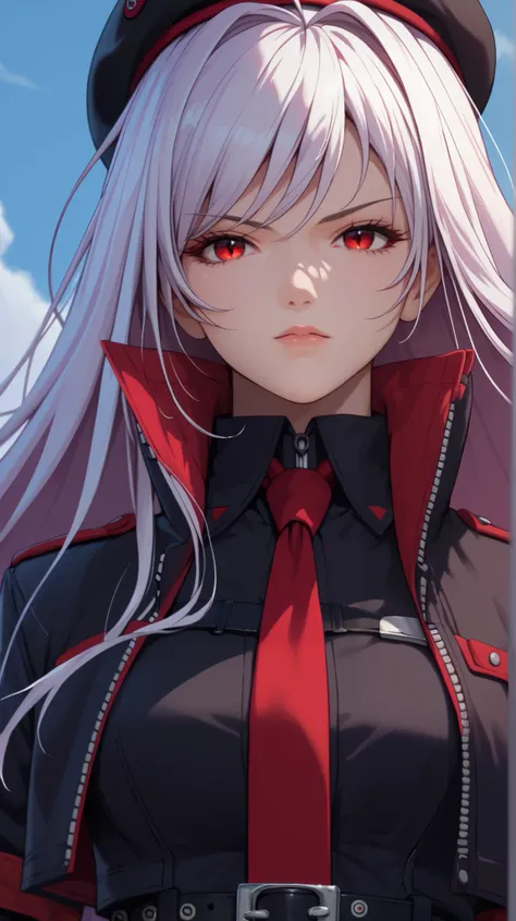 vampire moka akashiya, long hair, red eyes, ahoge, ((white hair)), large breasts,  rapidef,, bangs, beret, black jacket, cropped jacket, red necktie, gloves, black shirt, belt, thighhighs, upper body,