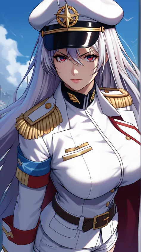 vampire moka akashiya, long hair, red eyes, ahoge, ((white hair)), large breasts,  helmdef, peaked cap, blue eyes, epaulettes, military uniform, white jacket, armband, white gloves, belt, white shorts, thighs, upper body,