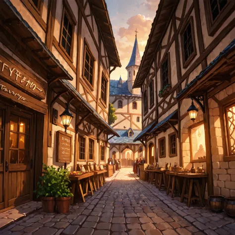 Taverns appearing in a fantasy world。and is a medieval building with a combination of stone and wooden structures、warm light is leaking through the window。A large wooden sign with nothing written on it is hanging。The background is a cobblestone road and 、x...