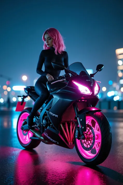High-quality futuristic cyberpunk scene, smooth neon lights, parked in the reflection of a wide space. portrait mode . On the watch dial, a confident female motorcyclist in a tight futuristic outfit sits on a motorcycle, sporty modern bike, pink hair visi...