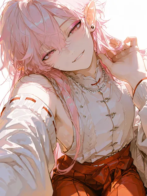 1male,handsome,top quality,high quality,masterpiece,beautiful young man, lean, 6 foot tall, miko, side boob, vampire, detailed face, Gothic, Lolita fashion, simple background, long hair, multi colored hair, shrine maiden, pointy ears, visual kei style, pin...