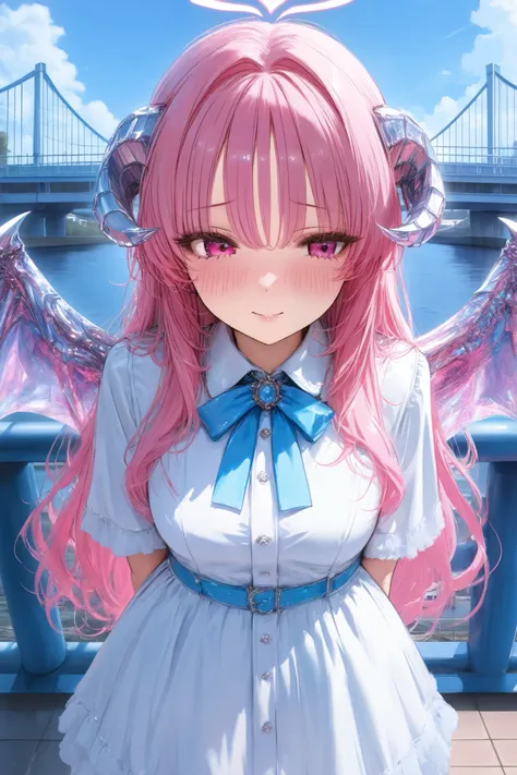 devil, girl,big , blush, charisma, cool iron 함, long hair,pink hair, blue bridge ,horn,wings,Glamour, maturity, charisma, cool iron