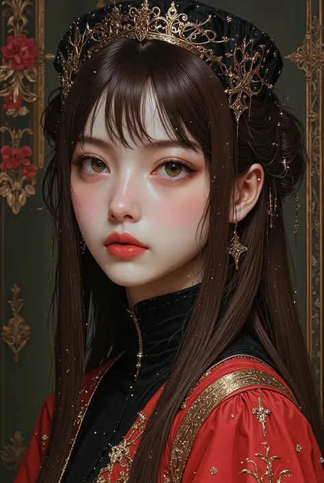 Girl, long straight brown hair, olive eyes, sharp features, white skin, bright pink lips, beautiful, perfect, elegant, wearing a black school uniform, high quality resolution, bright colors.