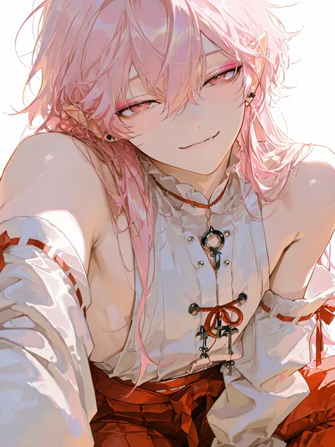 1male,handsome,top quality,high quality,masterpiece,beautiful young man, lean, 6 foot tall, miko, side boob, vampire, detailed face, Gothic, Lolita fashion, simple background, long hair, multi colored hair, (shrine maiden:1.2), pointy ears, visual kei styl...