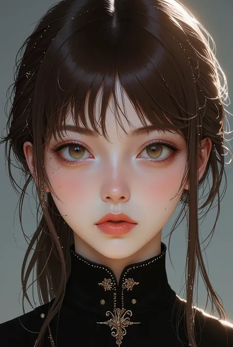 Girl, long straight brown hair, olive eyes, sharp features, white skin, bright pink lips, beautiful, perfect, elegant, wearing a black school uniform, high quality resolution, bright colors.