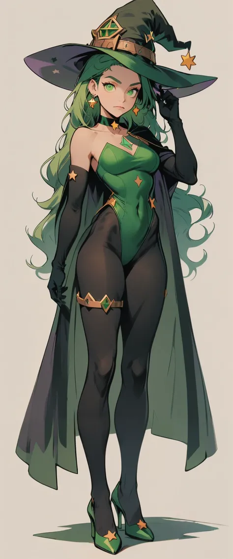 n1n1_v1, 1girl , hat , solo , witch hat , long hair , gloves , breasts , pantyhose , leotard , full body , green hair , thighlet , black gloves , jewelry , earrings , simple background , high heels , cape , green eyes , gold trim , white background , elbow...