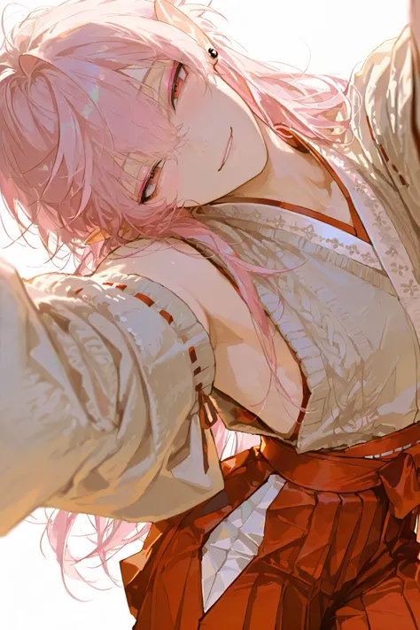 1male,handsome,top quality,high quality,masterpiece,beautiful young man, lean, 6 foot tall, miko, side boob, vampire, detailed face, Gothic, Lolita fashion, simple background, long hair, multi colored hair, (shrine maiden:1.2), pointy ears, visual kei styl...