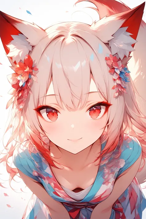 (masterpiece:1.2),high quality of wavy lines、very breathtaking、beautiful details、best image quality、((Three-dimensional works))、 fox girl、fox ears、fox tail、red eyes、tsurime、leaning forward、strangely look here、first-person view、close-up on the background、 F...