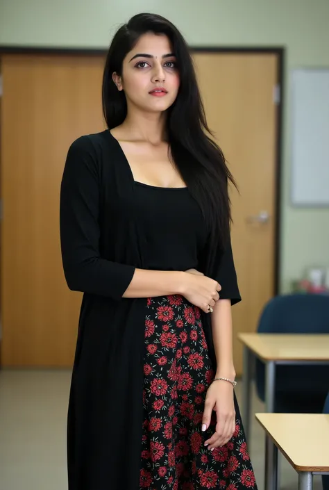 23 year old teacher standing in Empty Staff room, Sexy Tight Black Kurti, Tight floral skirt, Navel Visible, Big breast, slim body, Fair Complex, Black Hair, Light Make up, Detailed Image, Sexy pose, Beautiful Eyes, Model Pose, Canon Camera Pose, Watching ...