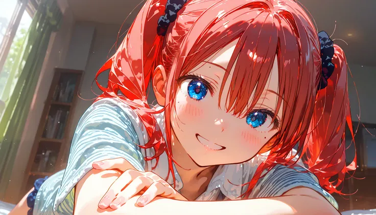 masterpiece , best quality, 1girl, high twintails, short twintails, round eyes, black scrunchie, bangs, hair between eyes, red hair, blue eyes eyes, mole under left eye, 16-year-old, Parker, looking at viewer, smiling, in the room, hyper detailed, anime, (...