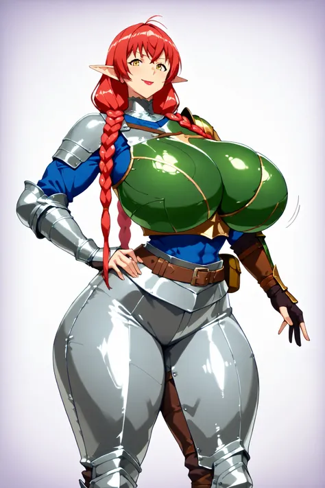 Elfa madura, elf ears, mature woman, (RED HAIR: 1.2), (hair with long braids: 1.4), yellow eyes, (pretty eyes), (Blue hero's uniform snobby expression : 1.3), red lipstick background, (snobbish smile: 1.4), giant breasts e pesados, seios flácidos de mature...