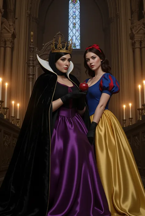 Создай картину. Рисунок.
A photorealistic, cinematic image in a dark fantasy style. Deva Cassel as Snow White and Monica Bellucci as the Evil Queen.
Scene Description:
A grand throne room in a gothic castle. Towering columns stretch toward the vaulted cei...