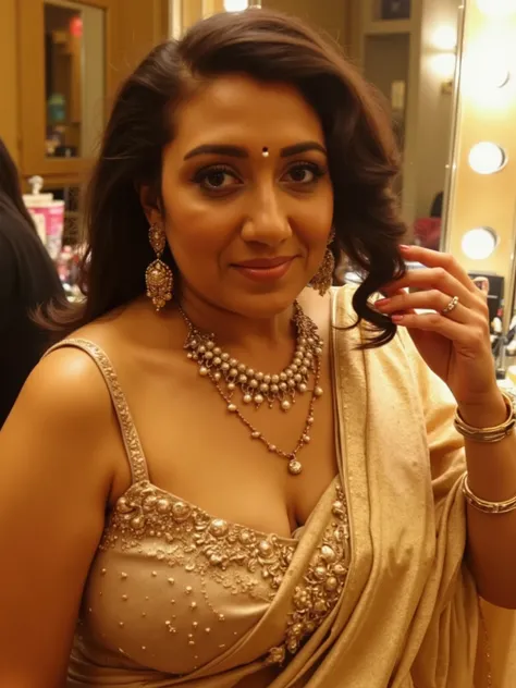 A 30 years old ,matured,american white woman with An average sized chubby body,BMI Range 24, ivory white round-shaped face..

Pose: Close-up of her adjusting loose strands of hair, slightly nervous.
✅ Outfit: Golden beige saree with pearl jewelry.
✅ Lighti...