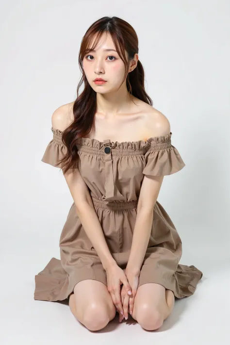 A high resolution portrait photograph of a Japanese woman kneeling leaning forward viewed her whole body from the front. Her hairstyle is long ponytail brown hair. She has a tiny breasts and pale skin. She wears a off-shoulder dress with downblouse. It de...