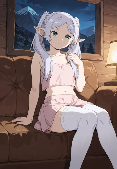 1girl, solo, Frieren, Friend Beyond Journey's End, sitting on a couch, white stockings, pink crop top, skirt, sexy pose, alluring atmosphere, BREAK, mountain cabin, night time, beautiful lighting and shadows,