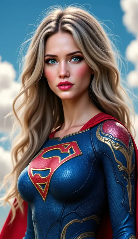 R@1ne, Generate a photorealistic, high-definition image of Raine as SuperGirl, focusing on her beautiful, detailed young face. Set against an outdoor sky backdrop, the image should capture her half-length figure, which is tall and slim, showcasing her perf...