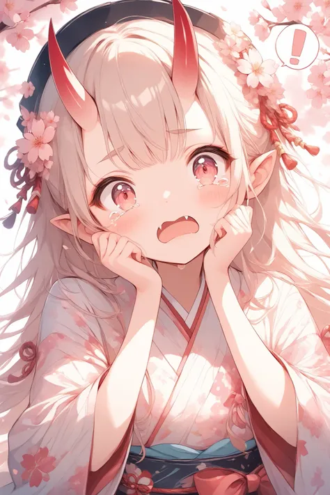 (masterpiece:1.2),high quality of wavy lines、very breathtaking、beautiful details、best image quality、((Three-dimensional works))、 cherry blossoms dance、exclamation mark、eaning back in shock, with hands raised in front of their face、tears、panicking、Oni's gir...