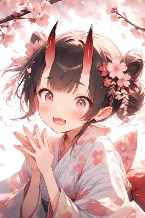(masterpiece:1.2),high quality of wavy lines、very breathtaking、beautiful details、best image quality、((Three-dimensional works))、 cherry blossoms dance、put your hands forward、tears、close-up on the background、surprised、^^^,o o、Oni's girl、Beautiful yukata、Jap...