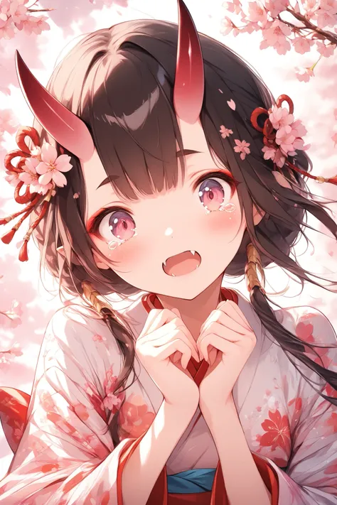 (masterpiece:1.2),high quality of wavy lines、very breathtaking、beautiful details、best image quality、((Three-dimensional works))、 cherry blossoms dance、put your hands forward、tears、close-up on the background、surprised、o o、Oni's girl、Beautiful yukata、Japanes...