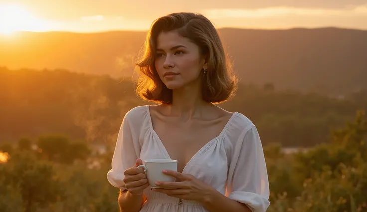 portrait of A woman stands  at sunrise, her white linen dress glowing amber under the golden sky.  She holds a steaming mug, 