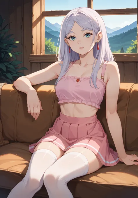 1girl, solo, Frieren, Friend Beyond Journey's End, sitting on a couch, white stockings, pink crop top, skirt, sexy pose, alluring atmosphere, BREAK, mountain cabin, night time, beautiful lighting and shadows,