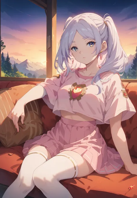 1girl, solo, Frieren, Friend Beyond Journey's End, sitting on a couch, white stockings, pink crop top, skirt, sexy pose, alluring atmosphere, BREAK, mountain cabin, night time, beautiful lighting and shadows,