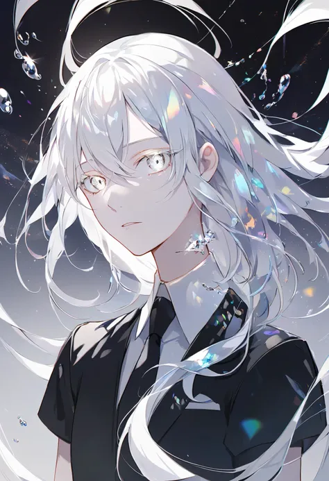 Beautiful, solo, long hair, white hair, silver eyes,, white shirt, black suit, short sleeves, houseki no kuni