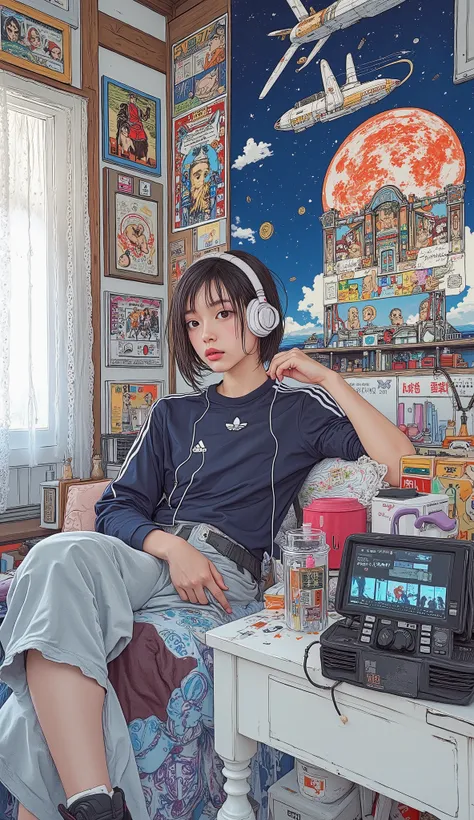a Japanese high school girl who loves anime is relaxing in her room , Traditional Paintings , by Shinoda Toko , by Ayako Rokkaku , mural, Full page illustration , Japanese painting, Comic stills , Artwork , dark blue and Bordeaux album jacket ,...