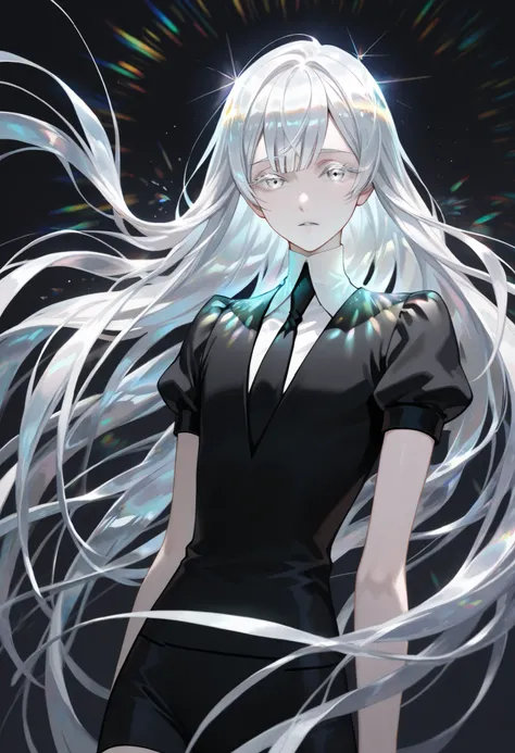Beautiful, solo, long hair, white hair, silver eyes, sharp eyes, white shirt, black suit, short sleeves, houseki no kuni