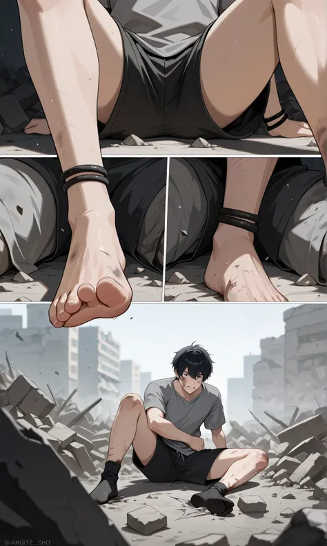 a boy with a grey shirt and black shorts is sitting in a pile of rubble, he is injured, closeup shot of his dirty and battered face, ((closeup he is ripping off a thin black ankle bracelet)), action shot, multiple angles