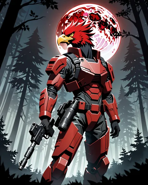 fierce expression, red-feathered humanoid eagle with sharp beak, futuristic red combat suit with black tactical straps, holding a dl44blstr pistol, confident and dominant pose, standing with one arm raised, intense gaze looking forward, moonlit outdoor for...