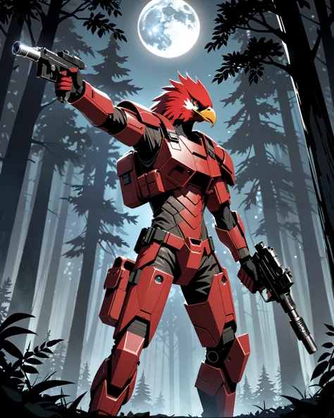 fierce expression, red-feathered humanoid eagle with sharp beak, futuristic red combat suit with black tactical straps, holding a dl44blstr pistol, confident and dominant pose, standing with one arm raised, intense gaze looking forward, moonlit outdoor for...