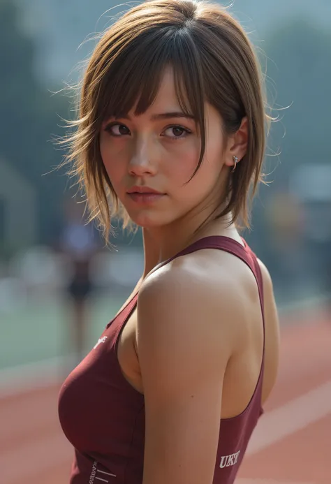 high quality, 4K, Hi-res, Master class, Extreme Detail, realistic, perfect anatomy, stunning young female sprinter, 18yo, a stunning half girl, (streching:1.7), Put your concentration, Stretching, pose, extremely detailed moist skin texture, beautiful, Pow...