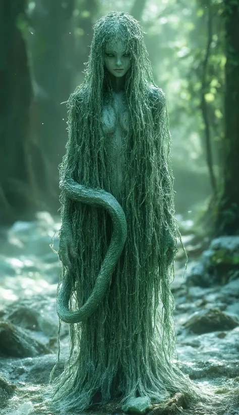 Snake God – The Jade Shadow**
*A **lithe, emerald-eyed goddess** slithers through a **bamboo forest petrified in ice**, her **body half-fused with glacial shards**. A **muted viper with diamond fangs** slinks around her wrists, its tongue flicking silent...