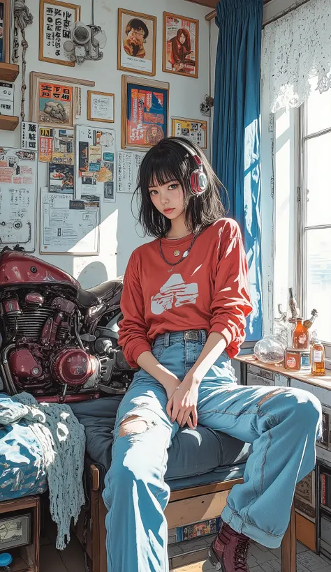 A Japanese high school girl who loves AKIRA is relaxing in her room , Traditional Paintings , by Shinoda Toko , by Ayako Rokkaku , mural, Full page illustration , Japanese painting, Comic stills , Artwork , Dark blue and Bordeaux album jacket , ...