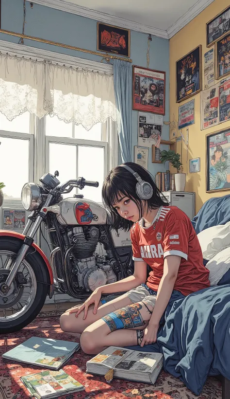 A Japanese high school girl who loves AKIRA is relaxing in her room , Traditional Paintings , by Shinoda Toko , by Ayako Rokkaku , mural, Full page illustration , Japanese painting, Comic stills , Artwork , dark blue and Bordeaux album jacket ,...