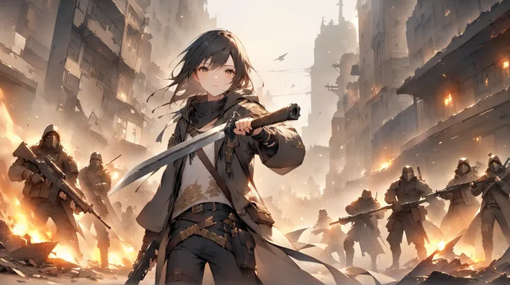 fantasy around the eyes。Hero with Sword。enemy。Cooperate with peers。city。fight。Focus on the face。wasteland。war。gun. Gold