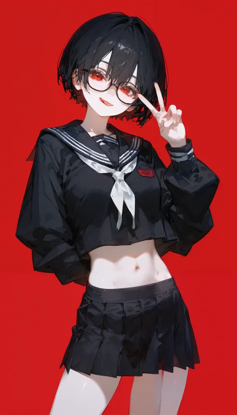 girl,black hair,in red eyes,Small eyes,wearing glasses,White skin,black shirt,navel,slim,Big ,Milf,miniskirt,for short hair,Bob hair,,red background,smile,tomboy,cute, ERROR ,standing,miniskirt,japanese school dress,Slim legs,Open skirt on the sides,Sailor...