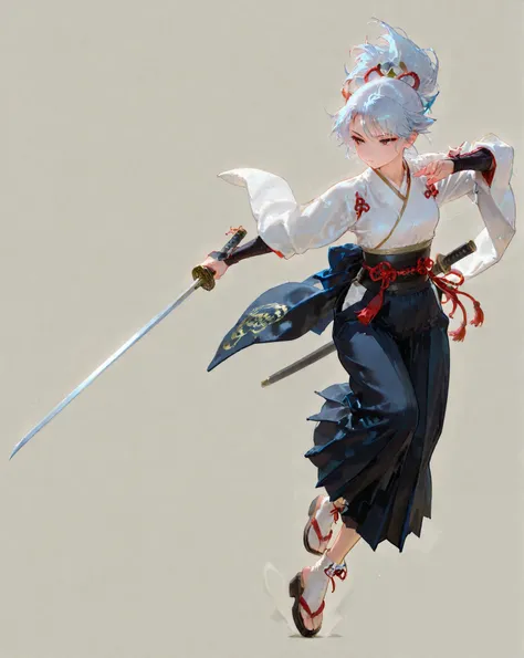 dynamic、great details、high image quality、full body、simple background、Japanese clothing、Long sword