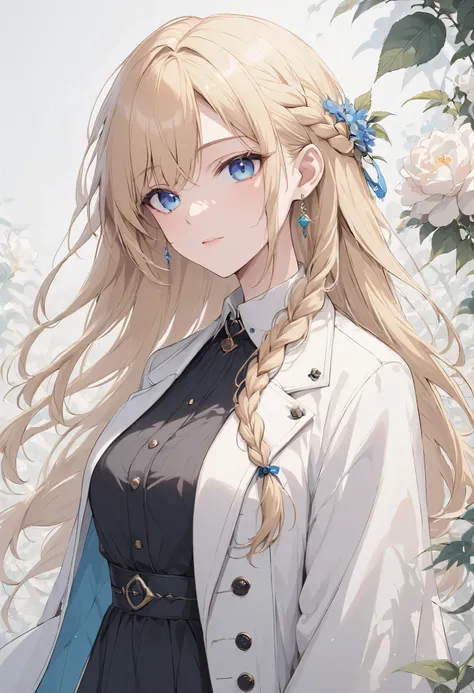 Beautiful, solo, long hair, blonde hair, braid, blue eyes, white shirt, black dress, white coat
